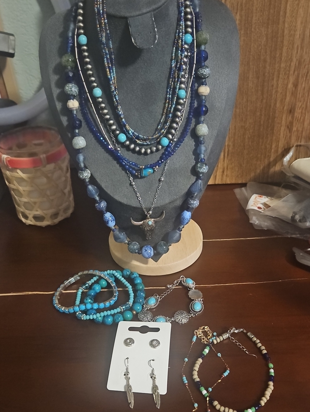 Layered Turquoise & Navy Blue Beaded Necklace Set 14 Pieces